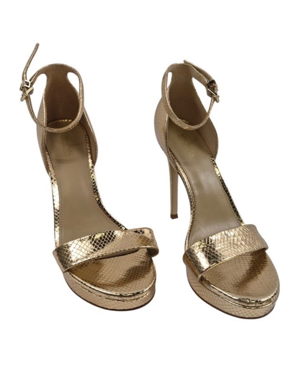 Michael Kors Gold Metallic Snake-Embossed Ankle-Strap Heels 4”